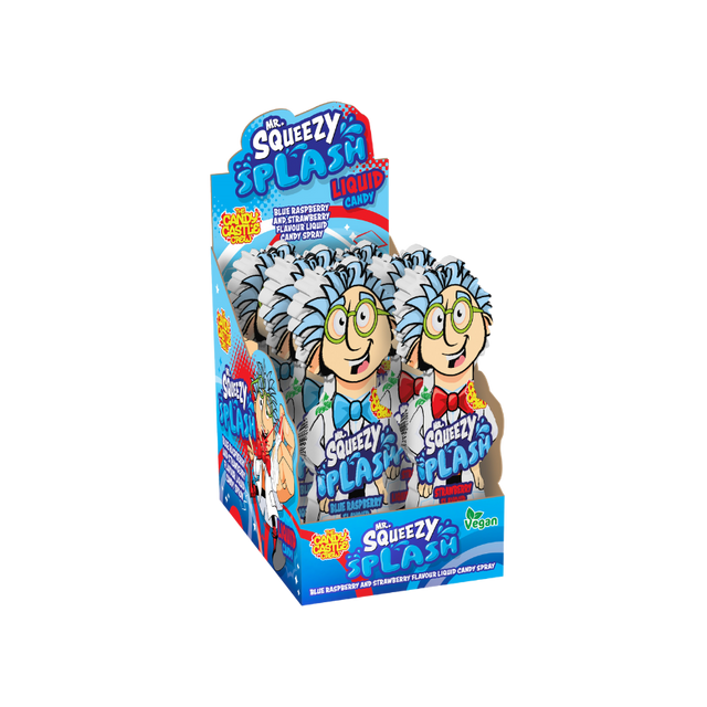 Mr Squeezy Splash 30ml liquid candy spray in blue raspberry and strawberry flavors.