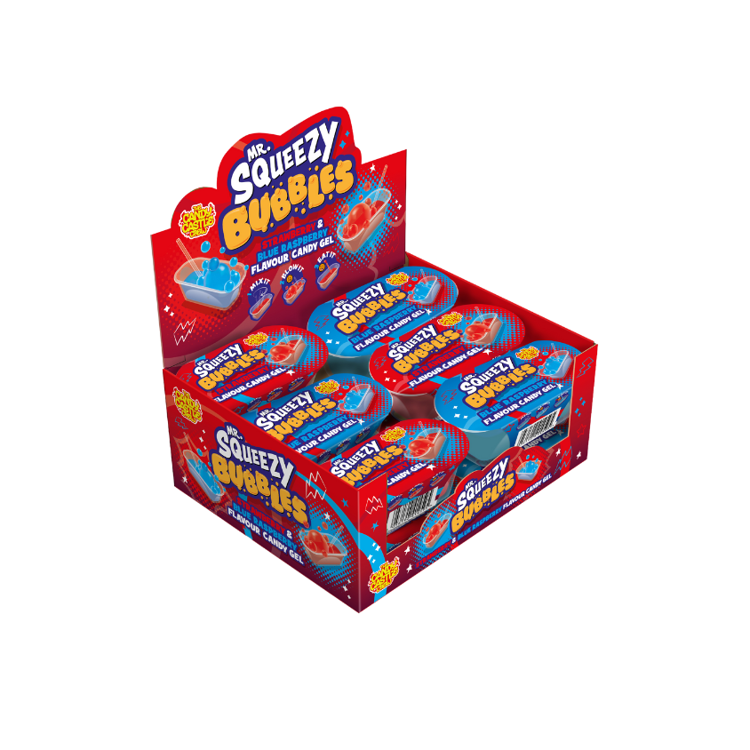 Wholesale display case of 12 Mr Squeezy Bubbles, showcasing the colorful packaging.