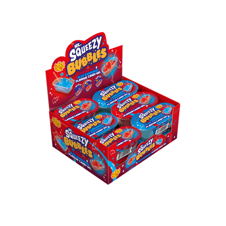 Wholesale display case of 12 Mr Squeezy Bubbles, showcasing the colorful packaging.