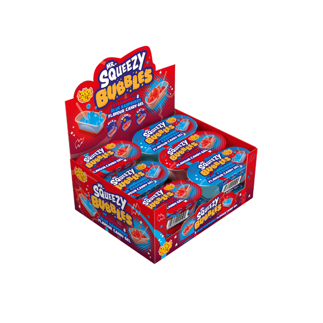 Wholesale display case of 12 Mr Squeezy Bubbles, showcasing the colorful packaging.