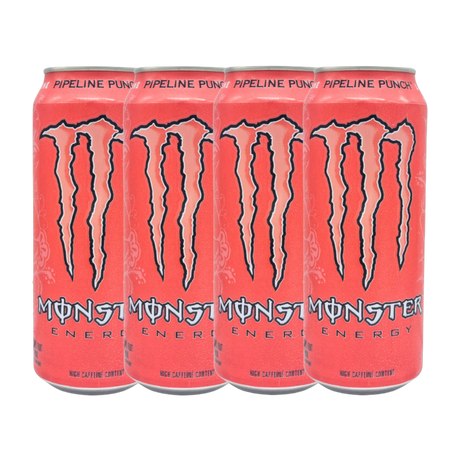 Close-up of Monster Pipeline Punch Energy Drink can with vibrant tropical design.