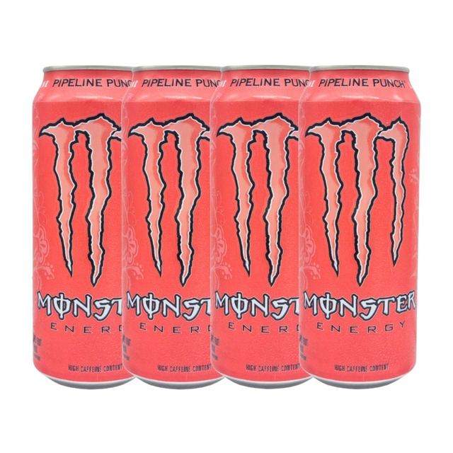 Close-up of Monster Pipeline Punch Energy Drink can with vibrant tropical design.