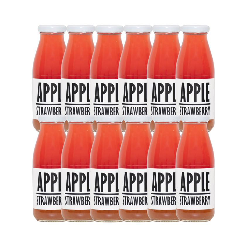 A 250ml bottle of Pressuice Apple-Strawberry Juice with fresh fruit ingredients.