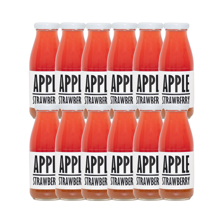 A 250ml bottle of Pressuice Apple-Strawberry Juice with fresh fruit ingredients.