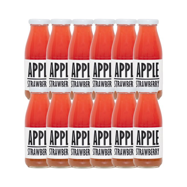 A 250ml bottle of Pressuice Apple-Strawberry Juice with fresh fruit ingredients.