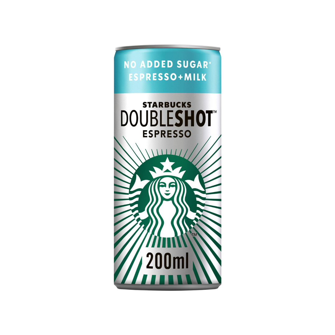 Close-up of condensation-covered Starbucks DoubleShot Espresso can opened, showing dark coffee inside

