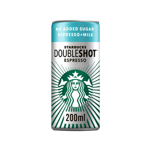 Close-up of condensation-covered Starbucks DoubleShot Espresso can opened, showing dark coffee inside

