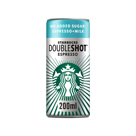 Close-up of condensation-covered Starbucks DoubleShot Espresso can opened, showing dark coffee inside

