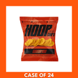 Box of 24 HOOP CHIPS Cinnamon Ripe Plantain Chips (35g each) — cardboard case with stacked orange branded bags and logo visible