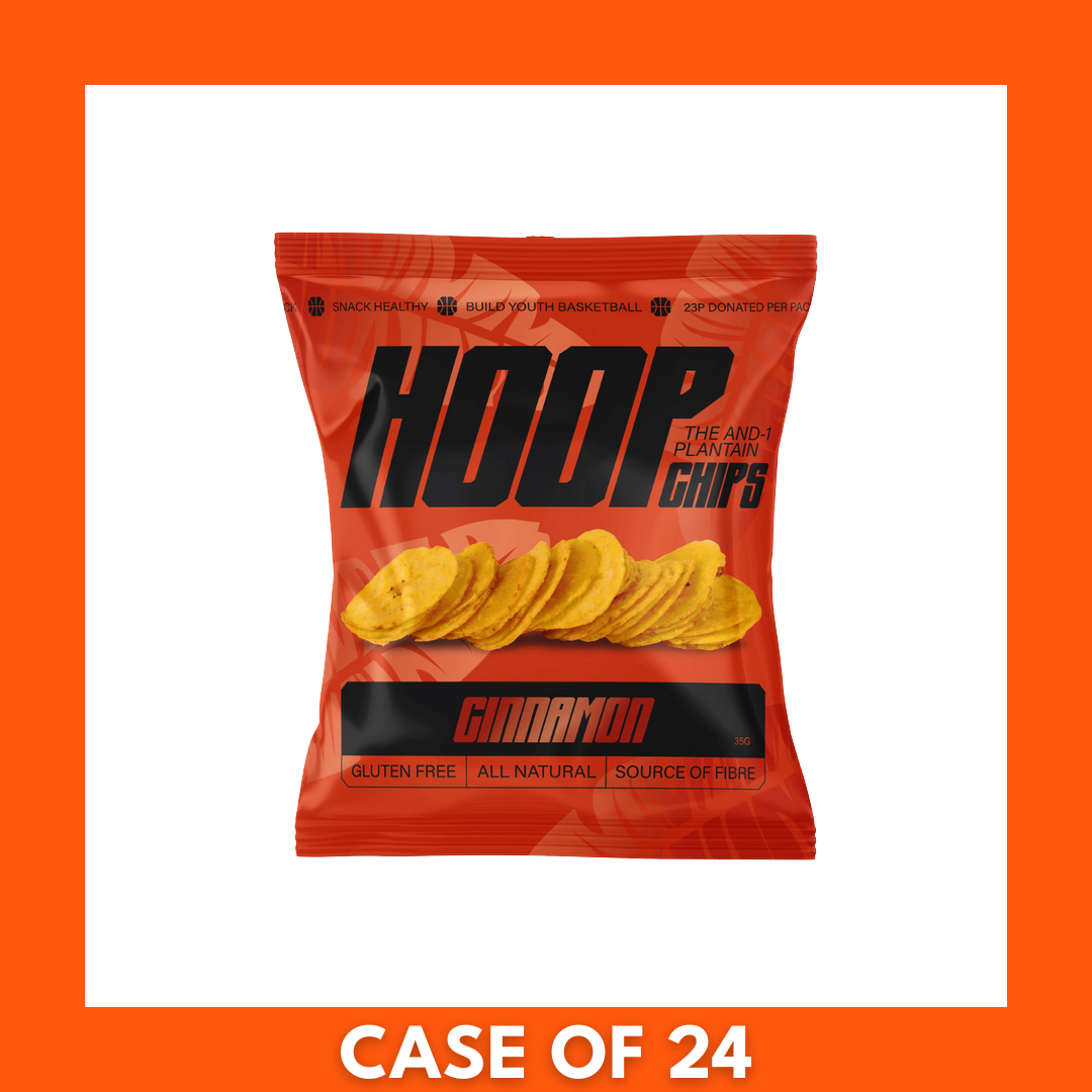Box of 24 HOOP CHIPS Cinnamon Ripe Plantain Chips (35g each) — cardboard case with stacked orange branded bags and logo visible