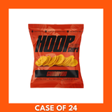 Box of 24 HOOP CHIPS Cinnamon Ripe Plantain Chips (35g each) — cardboard case with stacked orange branded bags and logo visible