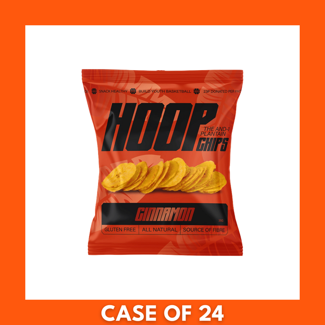 Box of 24 HOOP CHIPS Cinnamon Ripe Plantain Chips (35g each) — cardboard case with stacked orange branded bags and logo visible