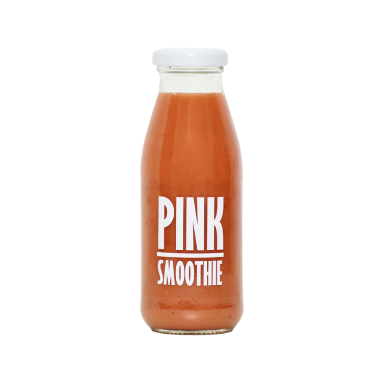 A close-up of the smoothie label highlighting "100% cold-pressed, no additives."