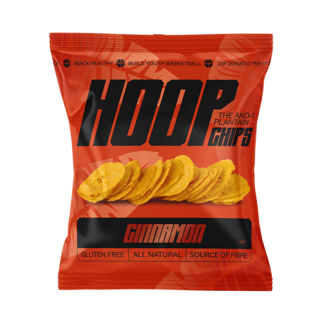 Single 35g HOOP CHIPS Cinnamon Ripe Plantain Chips bag — orange packaging showing ripe plantain and cinnamon illustration with golden round chips