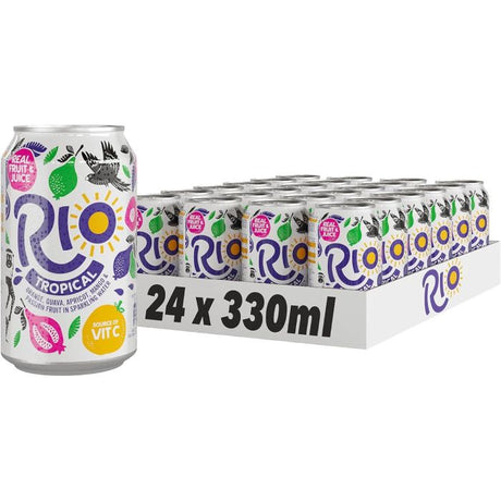 Close-up of a single 330ml Rio Tropical can from the 24 x 330ml pack, vibrant yellow-green can with Rio Tropical logo and tropical fruit illustrations, product suitable for parties and refreshment